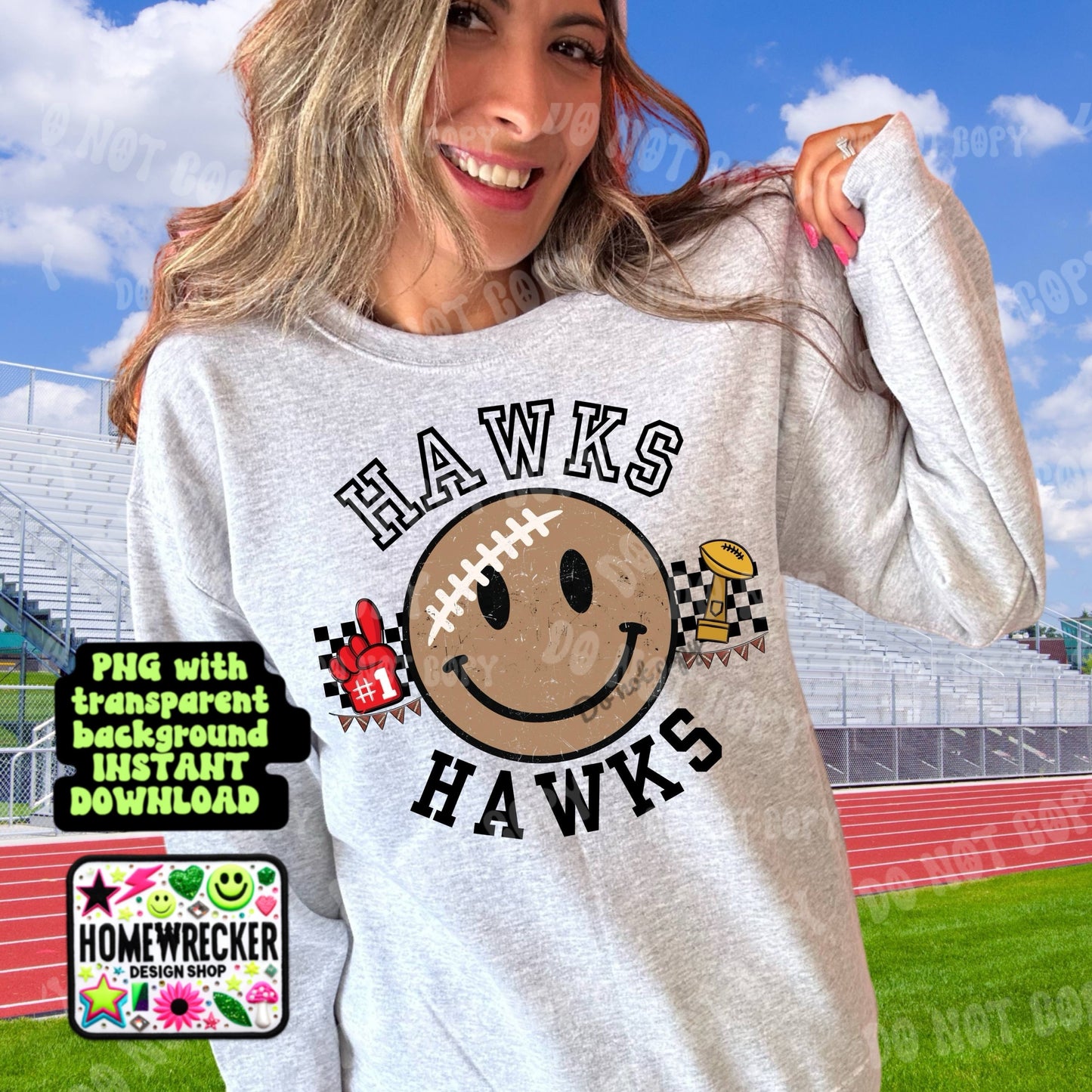 Retro Happy Football Distressed Mascot PNG School spirit design black to school Mascot Hawks  | Homewrecker Design Shop