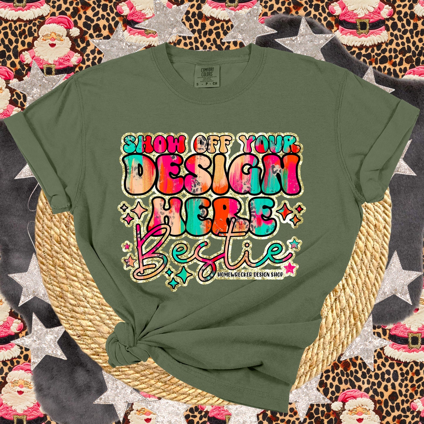 Comfort Colors Mockup, Christmas T-shirt Mock-up, Moss, flat lay, Retro leopard print Santa Claus, product mock-up, download