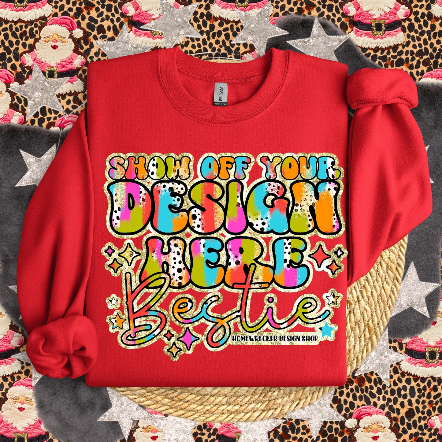 Christmas Mock up GILDAN Red Sweatshirt Mockup, G18000 Mockup, flat lay, Retro leopard print Santa Claus, product mock-up, download