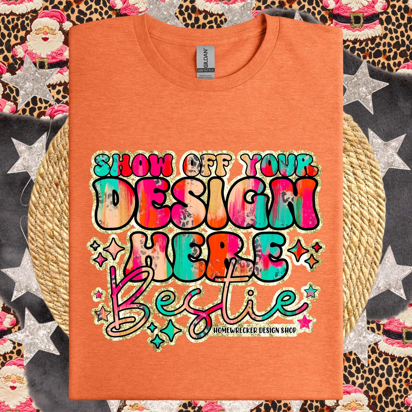 Christmas Mock up GILDAN Softstyle Mockup, Heather Orange Mockup, flat lay, Retro leopard print Santa Claus, product mock-up, download