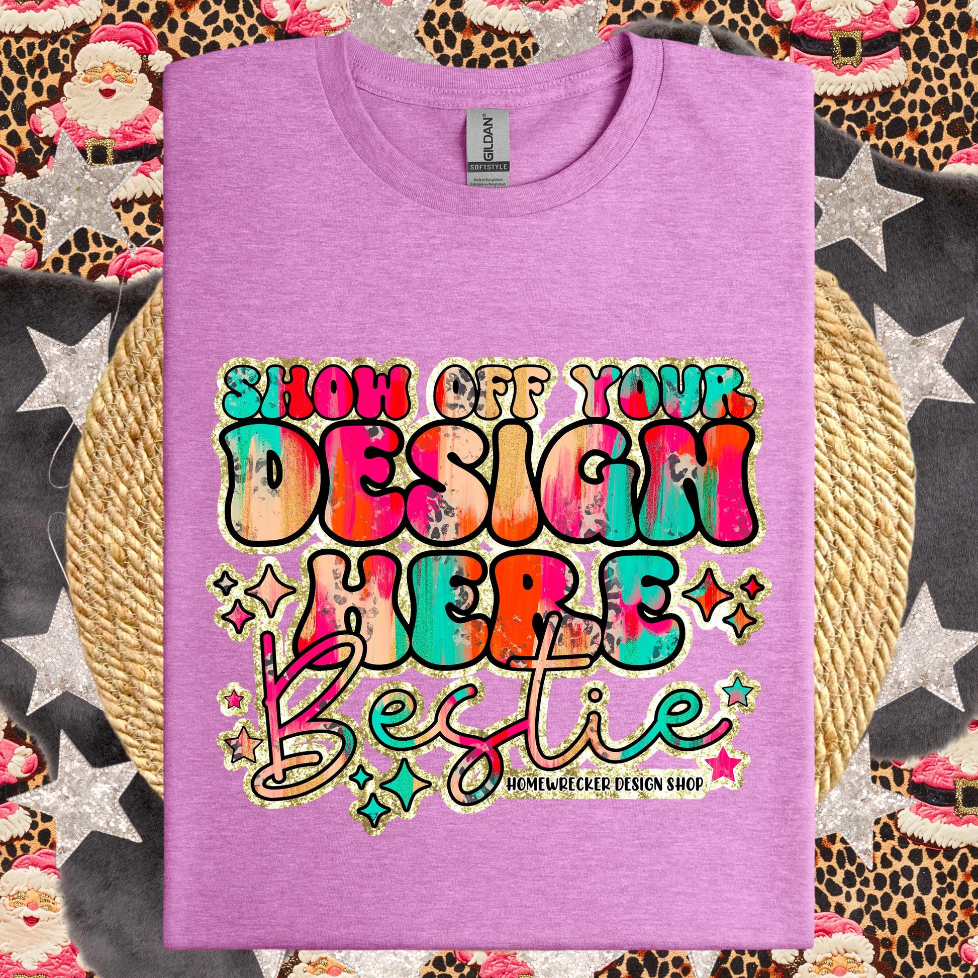 Christmas Mock up GILDAN Softstyle Mockup, Heather radiant orchid Mockup, flat lay, leopard print Santa Claus, product mockup, download