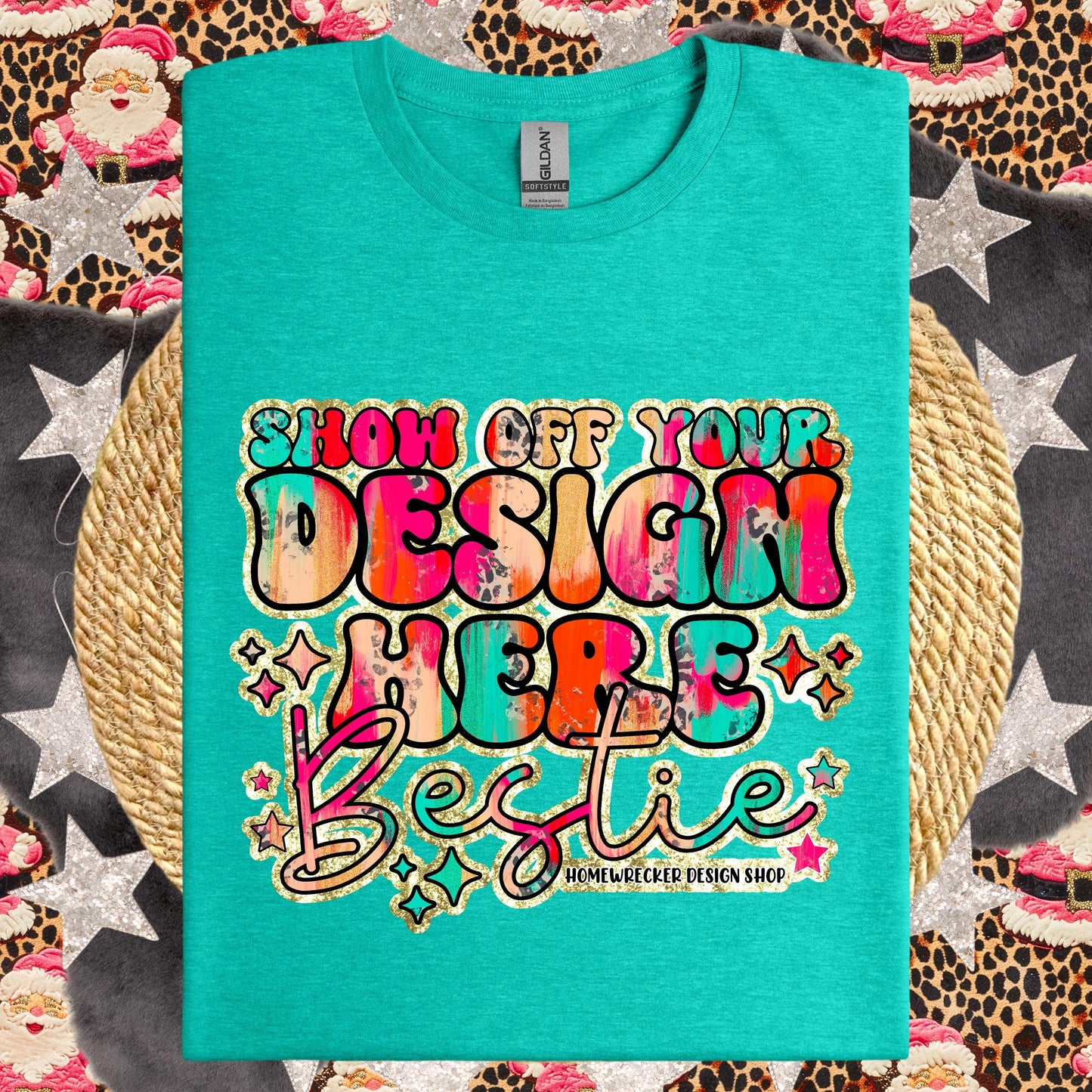 Christmas Mock up GILDAN Softstyle Mockup, Heather seafoam, flat lay, Retro leopard print Santa Claus, product mock-up, download