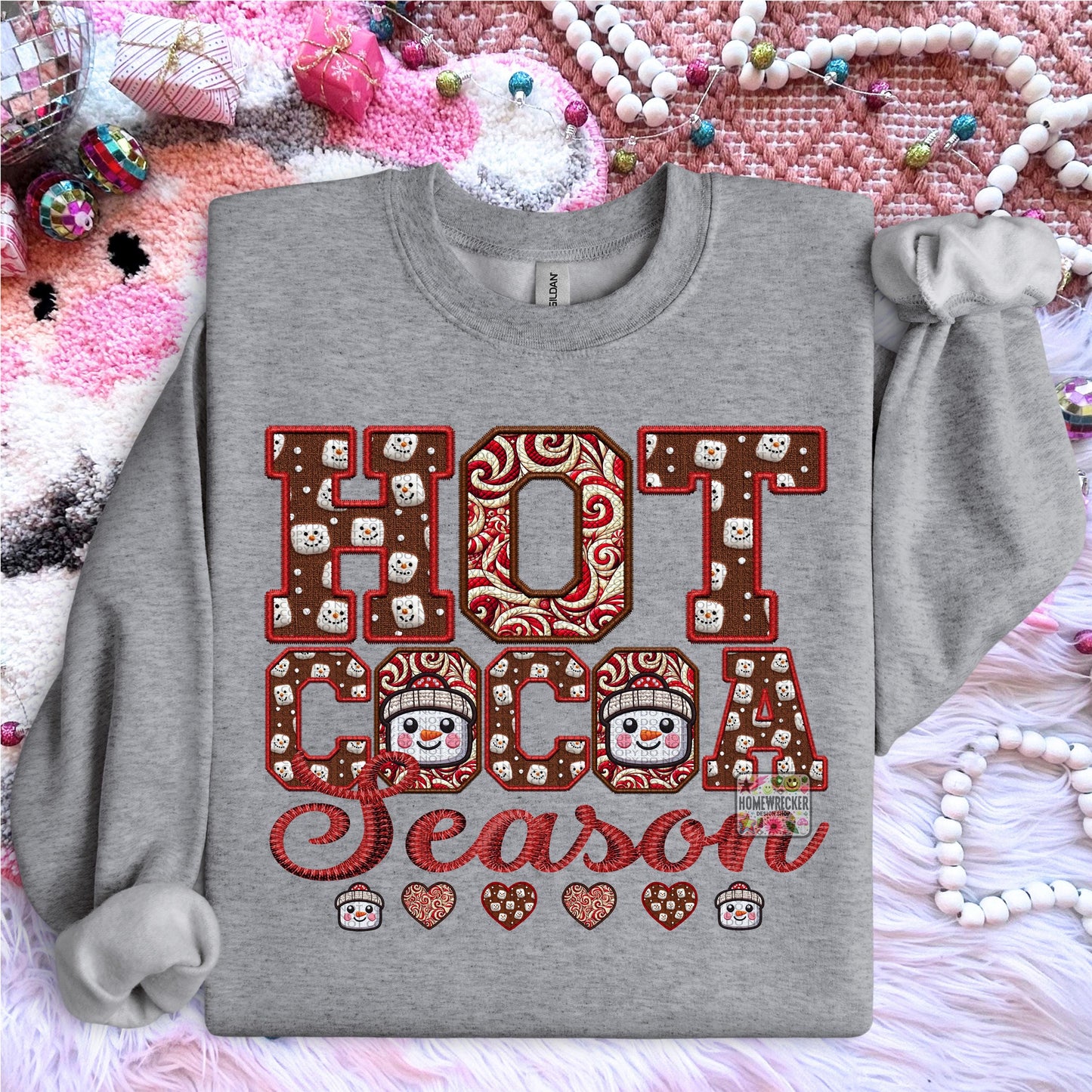 Hot Cocoa PNG Hot Cocoa Season, Peppermint, Hot Cocoa and Marshmallows Tshirt Design PNG Faux Embroidery