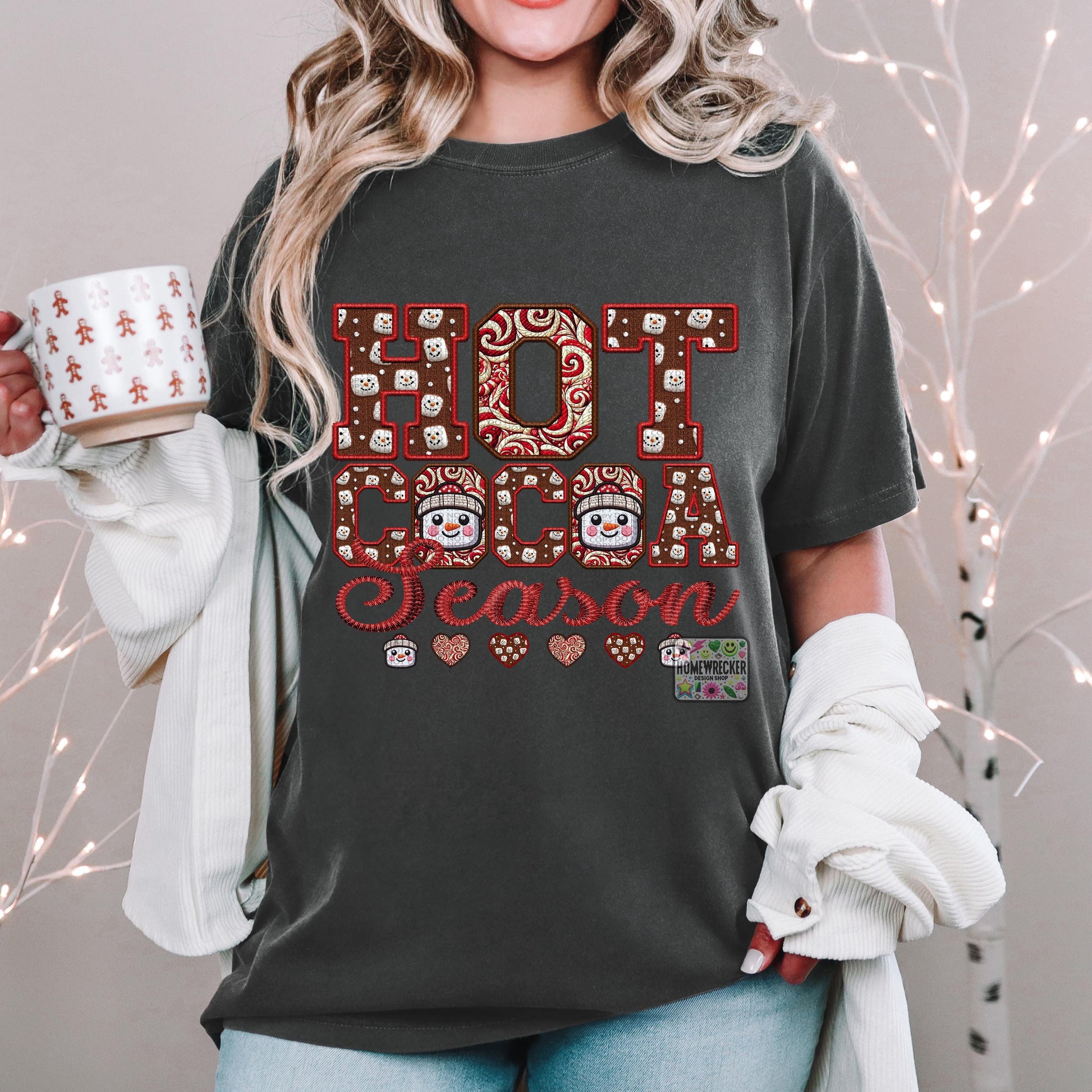 Hot Cocoa PNG Hot Cocoa Season, Peppermint, Hot Cocoa and Marshmallows Tshirt Design PNG Faux Embroidery