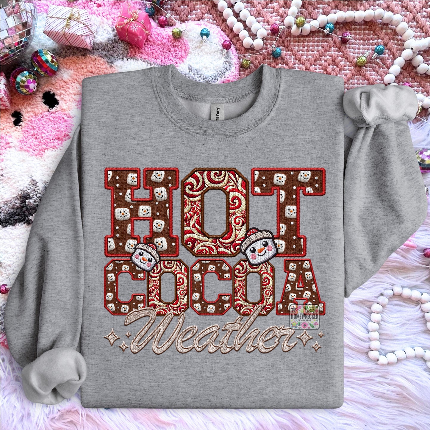 Hot Cocoa PNG Hot Cocoa Weather, Peppermint, Hot Cocoa and Marshmallows Tshirt Design PNG Faux Embroidery