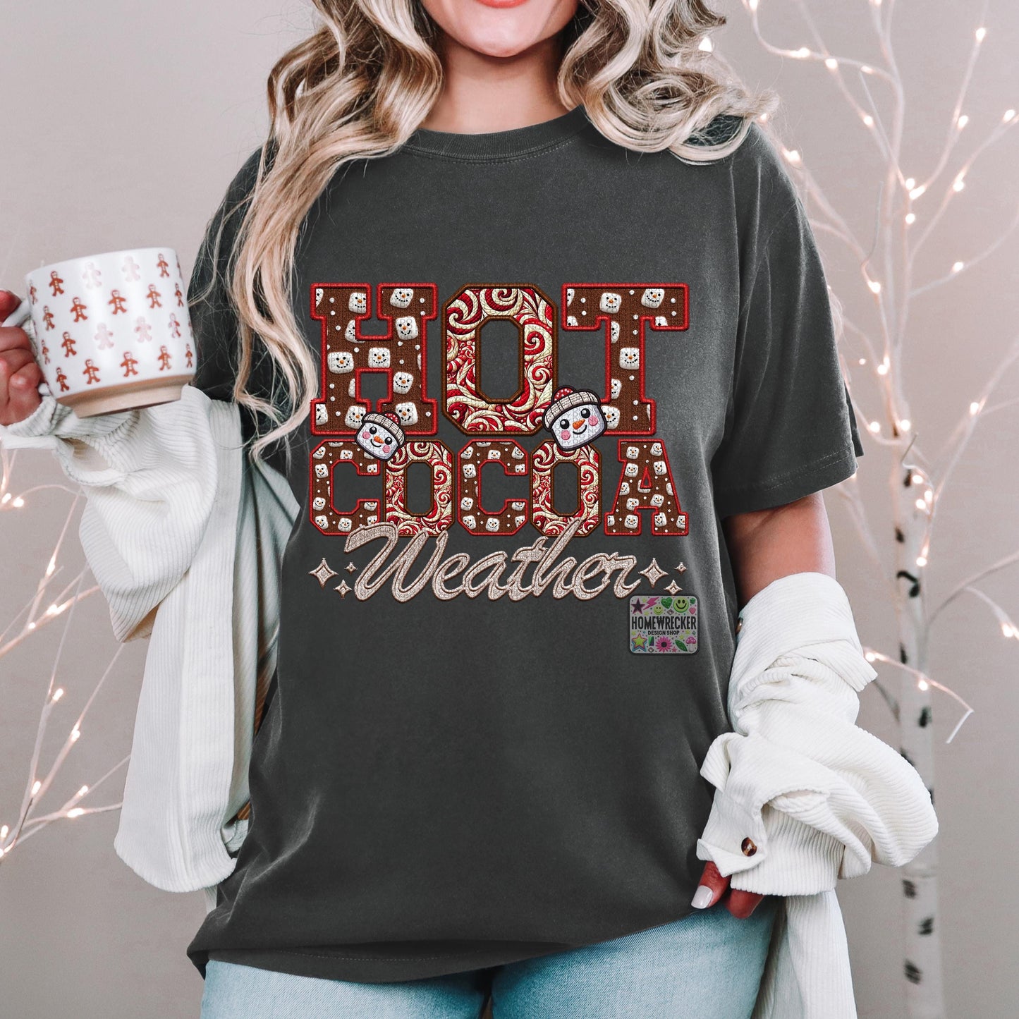 Hot Cocoa PNG Hot Cocoa Weather, Peppermint, Hot Cocoa and Marshmallows Tshirt Design PNG Faux Embroidery