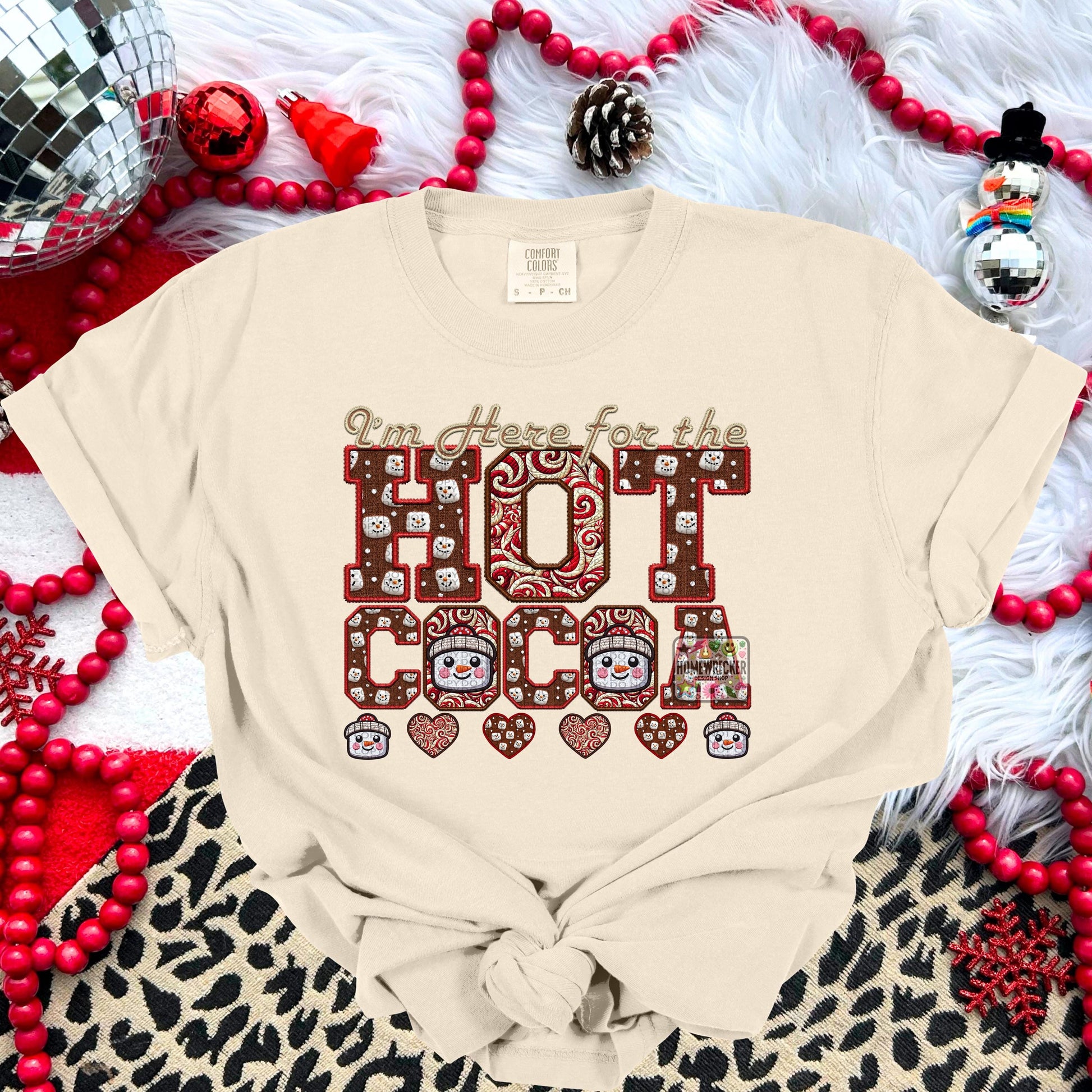 Hot Cocoa PNG I'm here for the hot cocoa, Peppermint, Hot Cocoa and Marshmallows Tshirt Design PNG Faux Embroidery