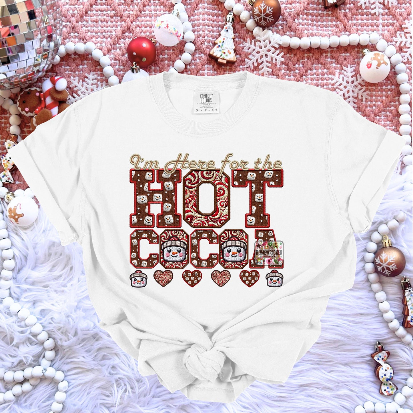 Hot Cocoa PNG I'm here for the hot cocoa, Peppermint, Hot Cocoa and Marshmallows Tshirt Design PNG Faux Embroidery