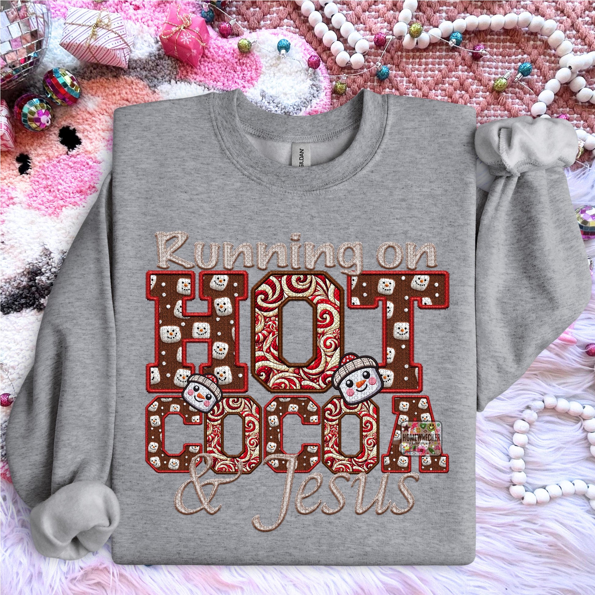 Running on Hot Cocoa and Jesus PNG Hot Cocoa, Peppermint, Hot Cocoa and Marshmallows Tshirt Design PNG Faux Embroidery