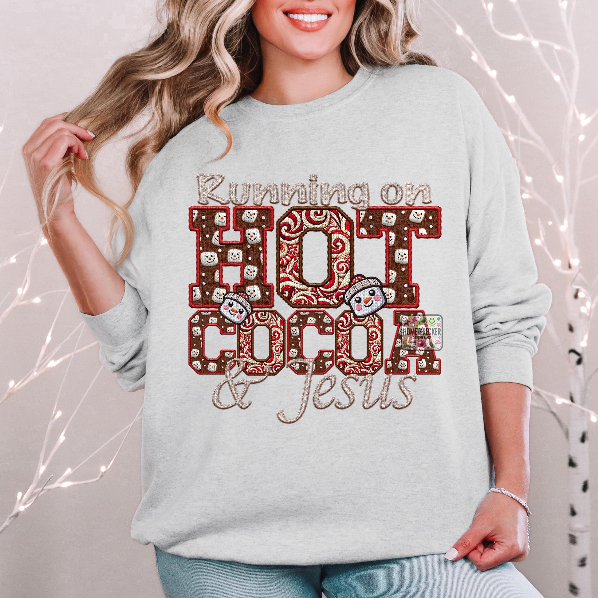 Running on Hot Cocoa and Jesus PNG Hot Cocoa, Peppermint, Hot Cocoa and Marshmallows Tshirt Design PNG Faux Embroidery