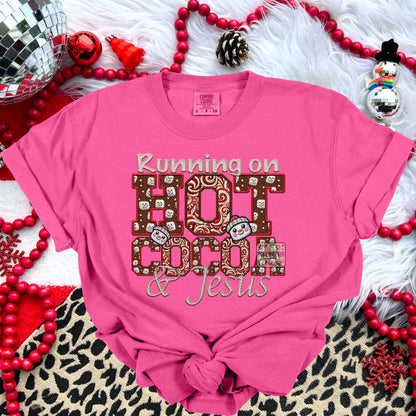 Running on Hot Cocoa and Jesus PNG Hot Cocoa, Peppermint, Hot Cocoa and Marshmallows Tshirt Design PNG Faux Embroidery