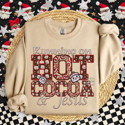 Running on Hot Cocoa and Jesus PNG Hot Cocoa, Peppermint, Hot Cocoa and Marshmallows Tshirt Design PNG Faux Embroidery