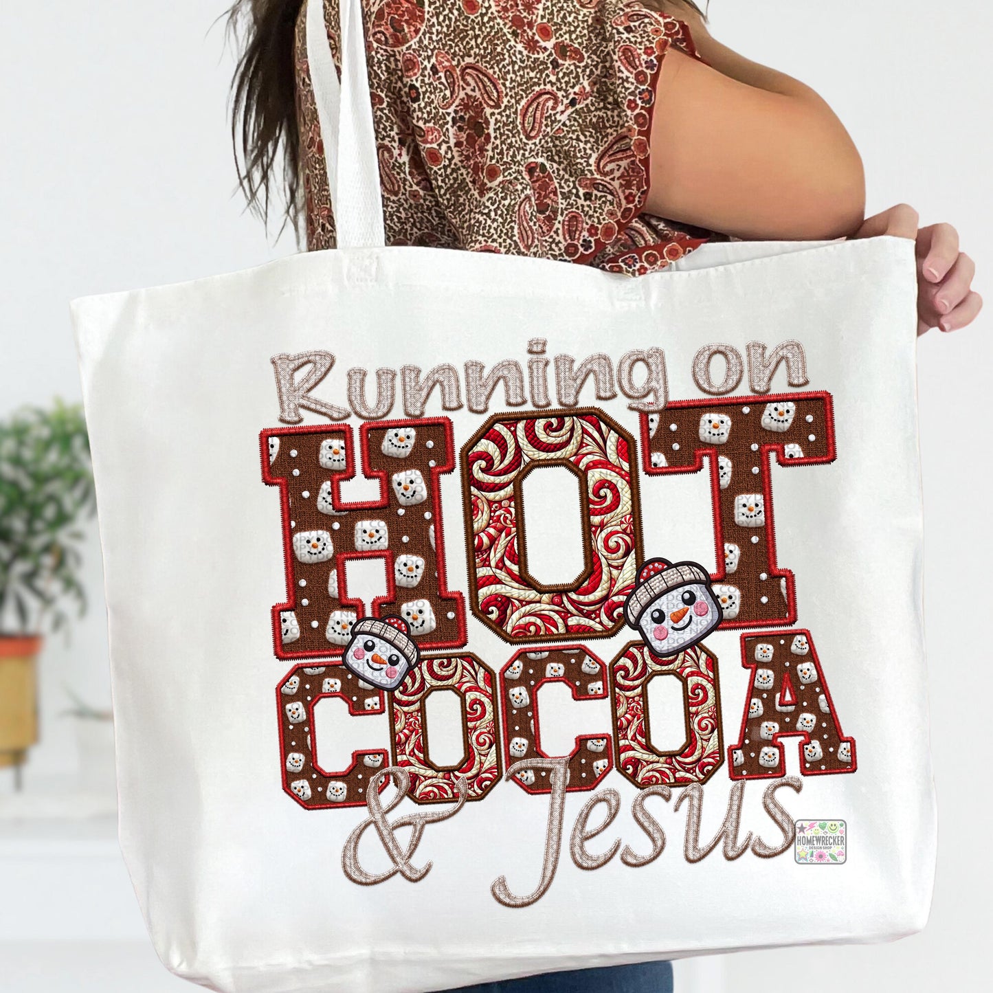 Running on Hot Cocoa and Jesus PNG Hot Cocoa, Peppermint, Hot Cocoa and Marshmallows Tshirt Design PNG Faux Embroidery