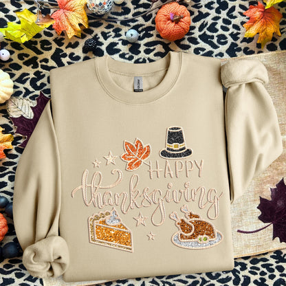 Thanksgiving PNG, happy thanksgiving, turkey png, pie, pumpkin pie, fall, autumn, faux embroidery, thanksgiving design, tshirt design, PNG