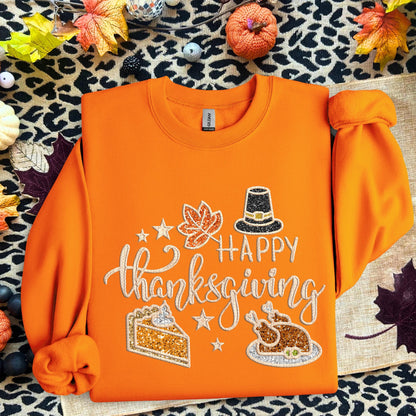 Thanksgiving PNG, happy thanksgiving, turkey png, pie, pumpkin pie, fall, autumn, faux embroidery, thanksgiving design, tshirt design, PNG