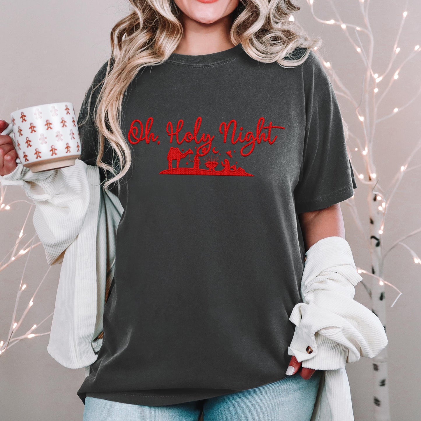 Oh Holy Night PNG Faux Embroidery digital Design Christmas PNG Holiday T-shirt Design Festive Merry Nativity Scene Digital Download