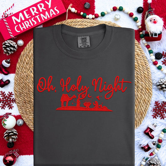 Oh Holy Night PNG Faux Embroidery digital Design Christmas PNG Holiday T-shirt Design Festive Merry Nativity Scene Digital Download