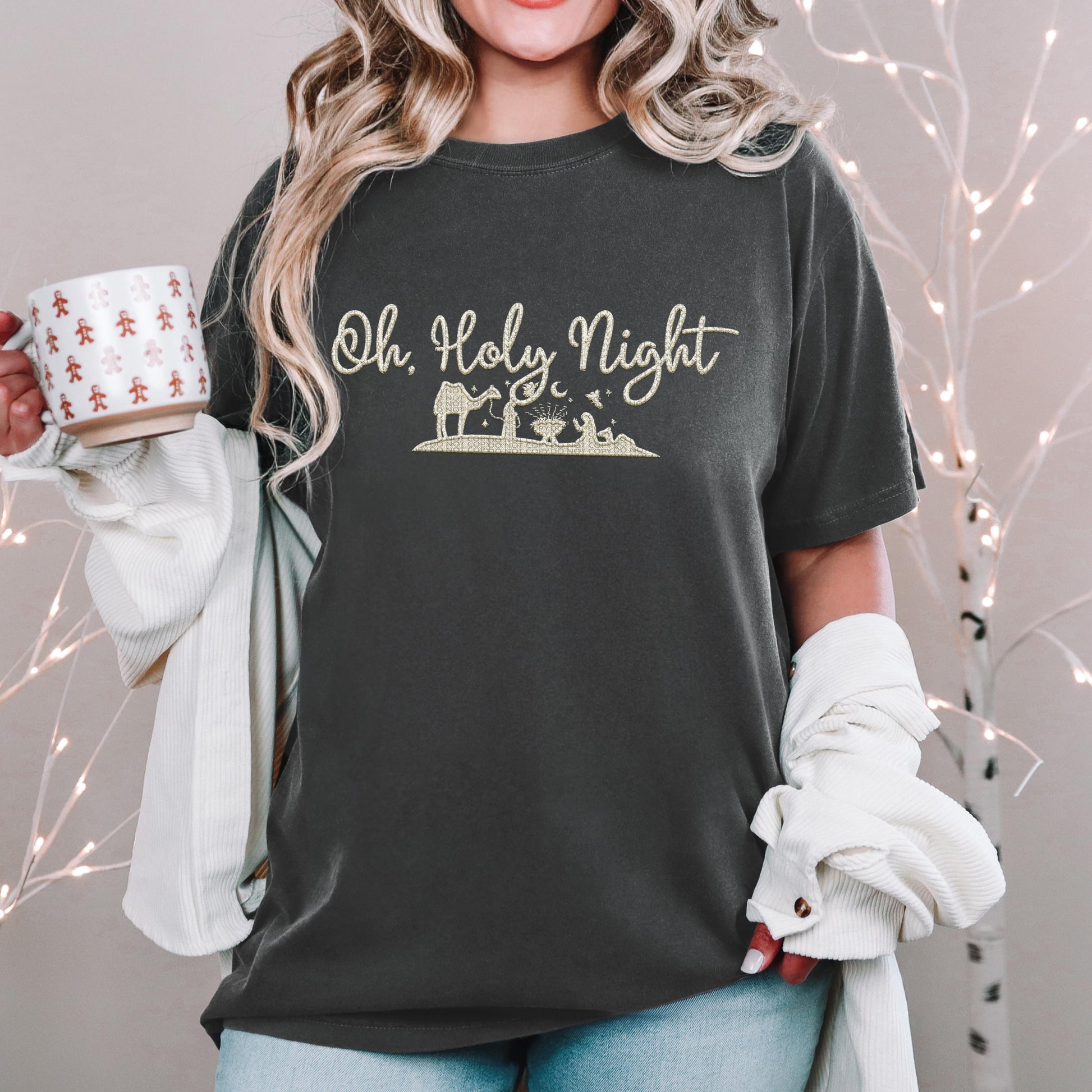 Oh Holy Night PNG Faux Embroidery digital Design Christmas PNG Holiday T-shirt Design Festive Merry Nativity Scene Digital Download