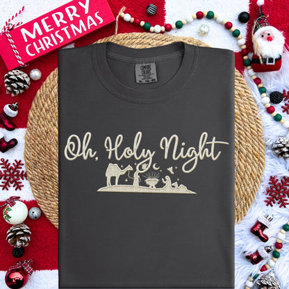 Oh Holy Night PNG Faux Embroidery digital Design Christmas PNG Holiday T-shirt Design Festive Merry Nativity Scene Digital Download