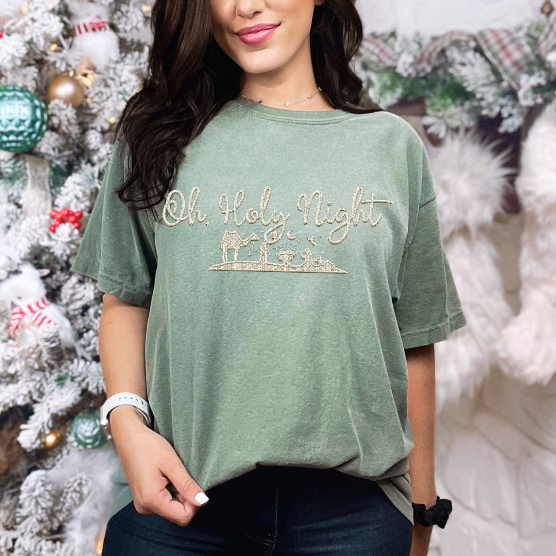 Oh Holy Night PNG Faux Embroidery digital Design Christmas PNG Holiday T-shirt Design Festive Merry Nativity Scene Digital Download