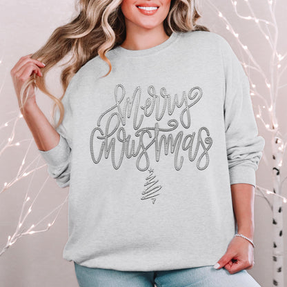 Merry Christmas PNG, GREY faux embroidery digital design, Christmas Holiday design, tshirt design, Script Font Christmas PNG