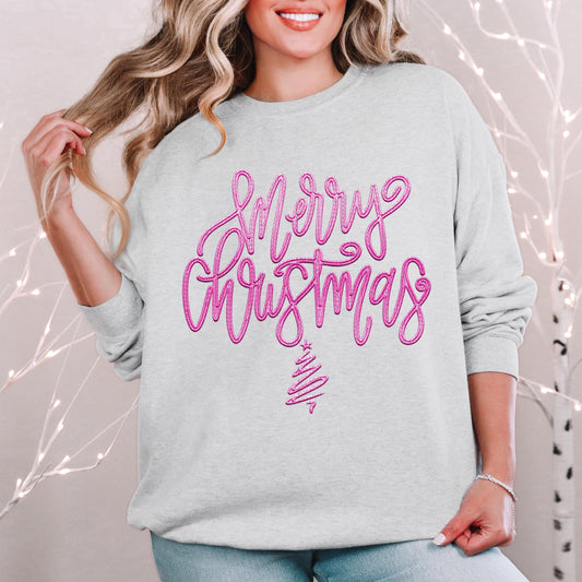 Merry Christmas PNG, PINK faux embroidery digital design, Christmas Holiday design, tshirt design, Script Font Christmas PNG