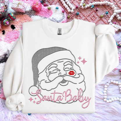 Santa Baby PNG, Grey and pink, faux embroidery digital design, Christmas Holiday design, tshirt design, Script Font Christmas PNG