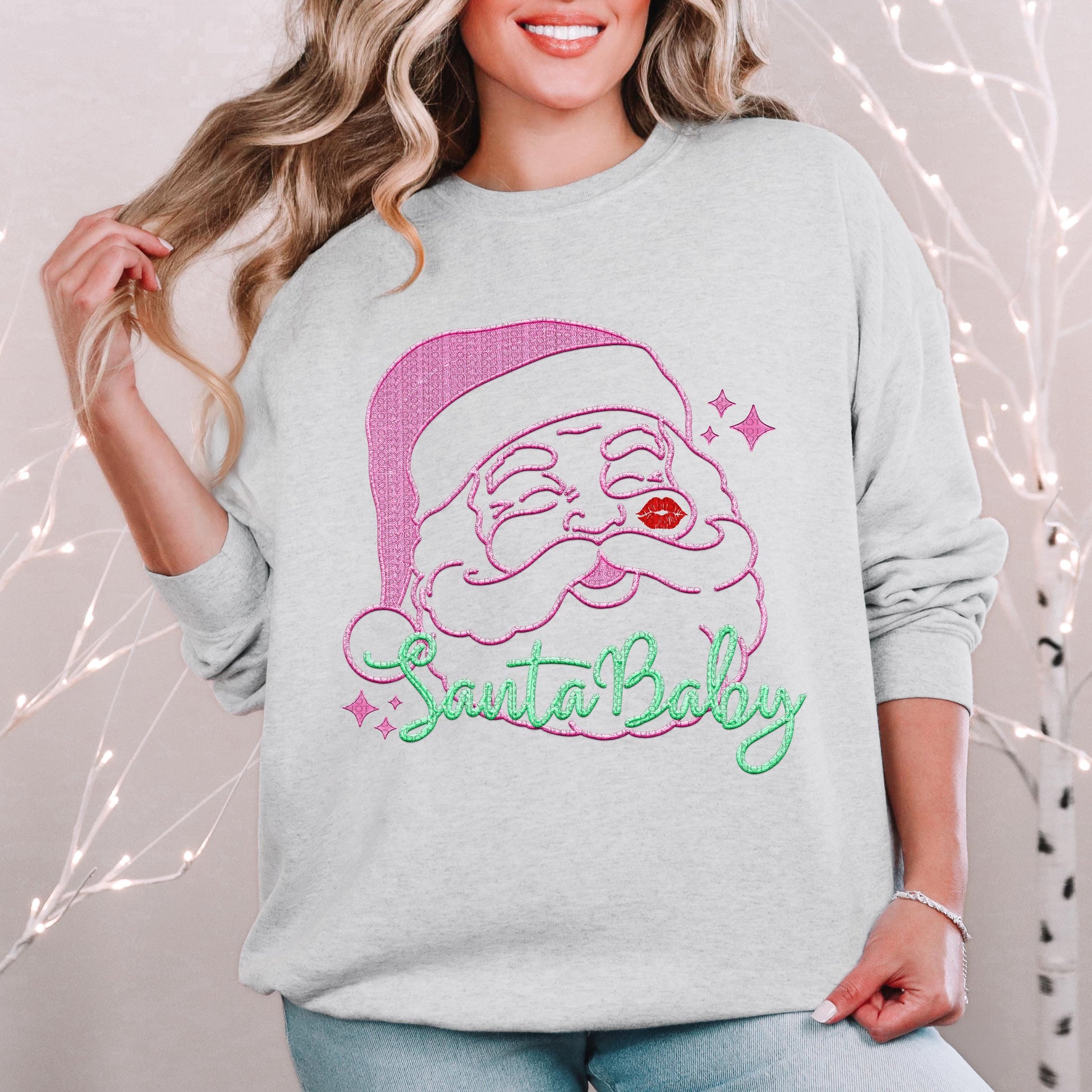 Santa Baby PNG, Pastel pink and green, faux embroidery digital design, Christmas Holiday design, tshirt design, Script Font Christmas PNG