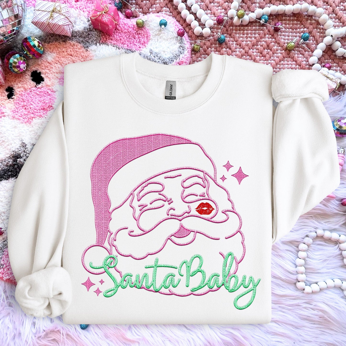 Santa Baby PNG, Pastel pink and green, faux embroidery digital design, Christmas Holiday design, tshirt design, Script Font Christmas PNG