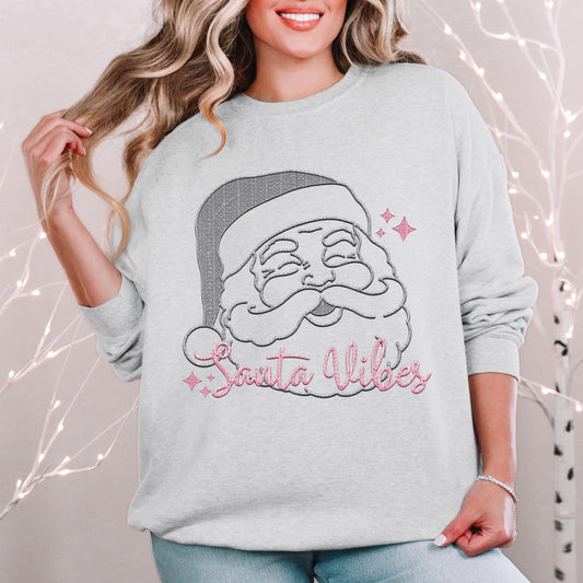 Santa Vibes PNG, Grey and Pink, faux embroidery digital design, Christmas Holiday design, tshirt design, Script Font Christmas PNG