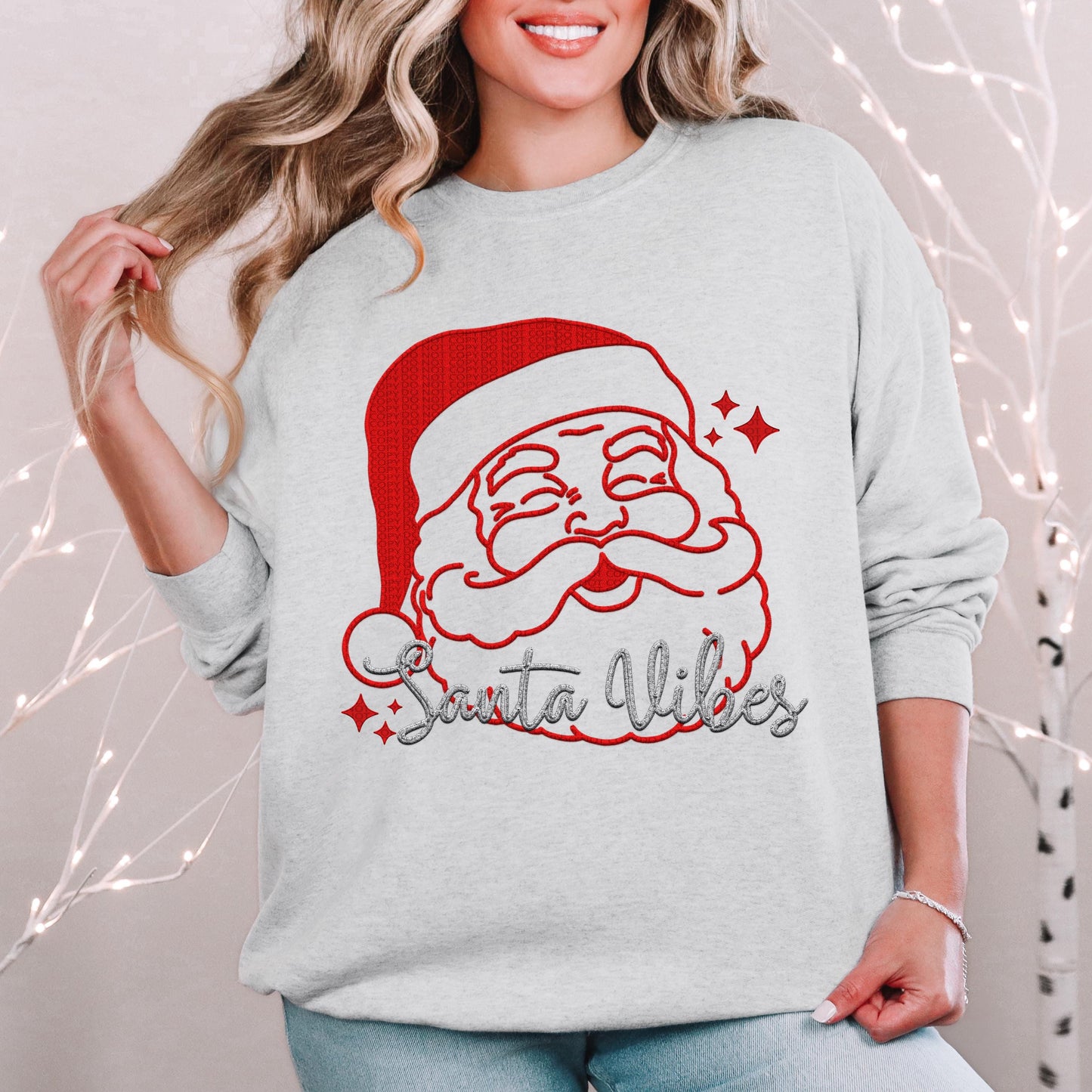 Santa Vibes PNG, Red and Grey, faux embroidery digital design, Christmas Holiday design, tshirt design, Script Font Christmas PNG