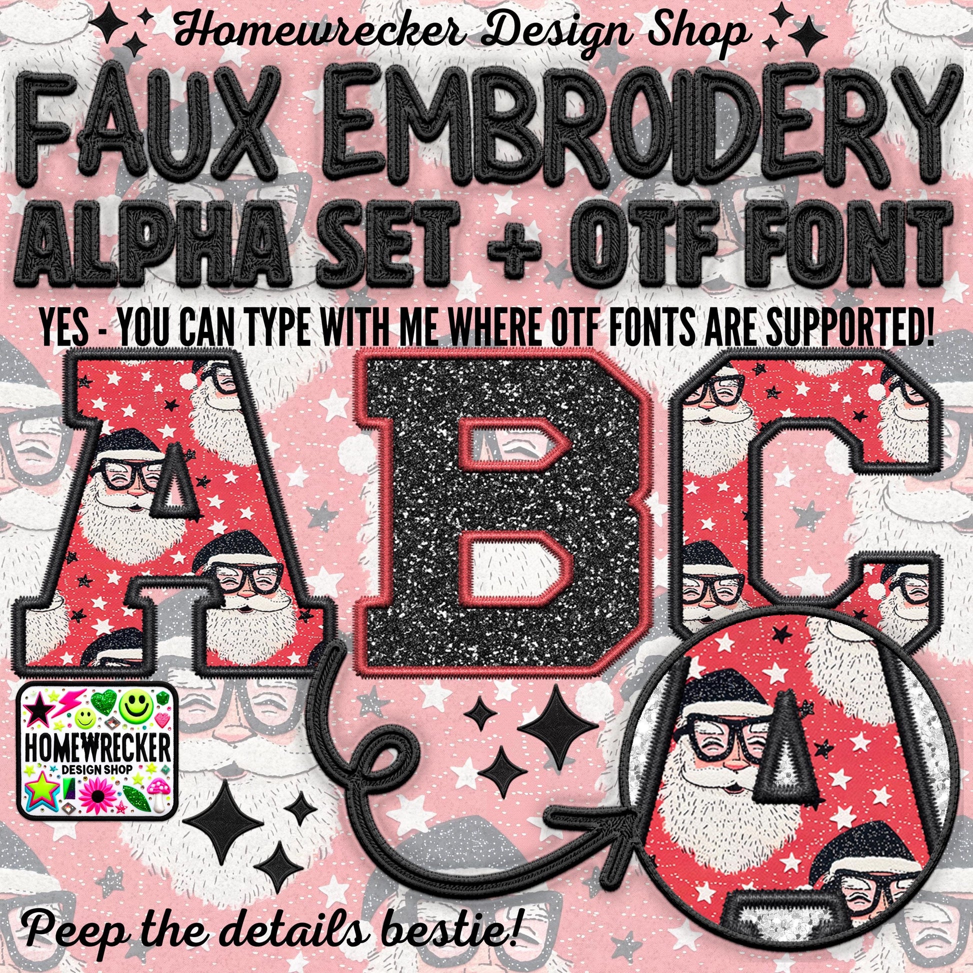 Santa Digital Alpha Set, OTF Font, Faux Embroidery Christmas Alpha, Varsity Letter Style Alpha, Clipart, Make your own designs, Digital file