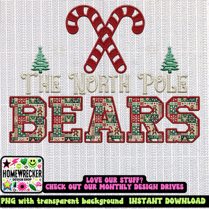 Bears Christmas themed Mascot PNG Christmas School Spirit, Holiday Mascot, Game day Christmas Festive, Faux Embroidery Digital Download