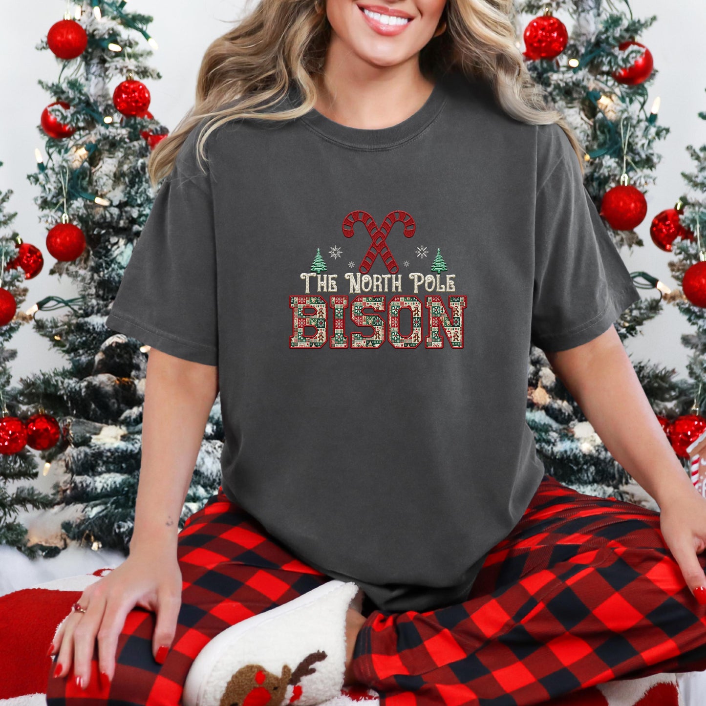 Bison Christmas themed Mascot PNG Christmas School Spirit, Holiday Mascot, Game day Christmas Festive, Faux Embroidery Digital Download