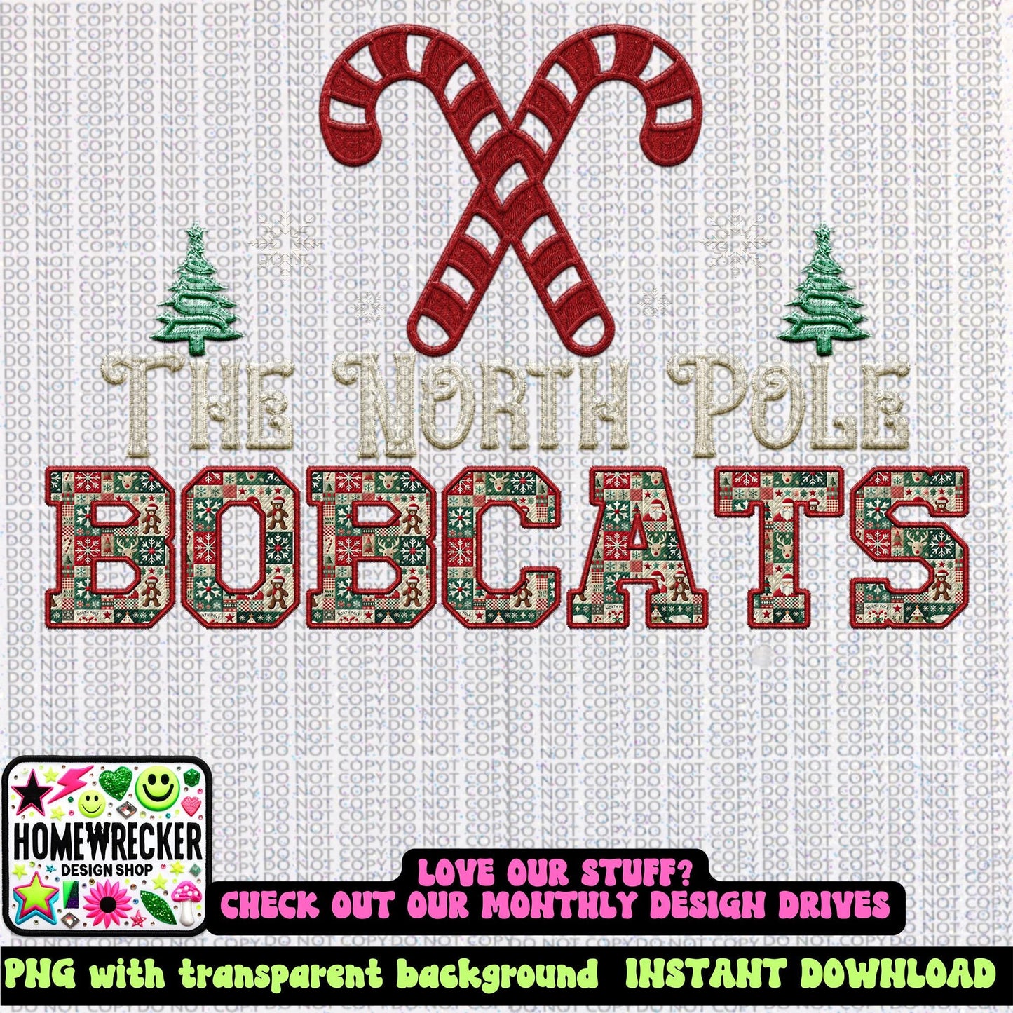 Bobcats Christmas themed Mascot PNG Christmas School Spirit, Holiday Mascot, Game day Christmas Festive Faux Embroidery Digital Download