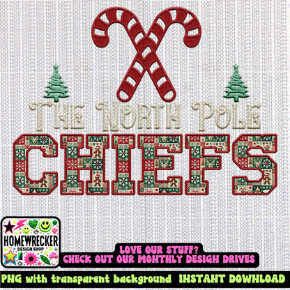 Chiefs Christmas themed Mascot PNG Christmas School Spirit, Holiday Mascot, Game day Christmas Festive Faux Embroidery Digital Download