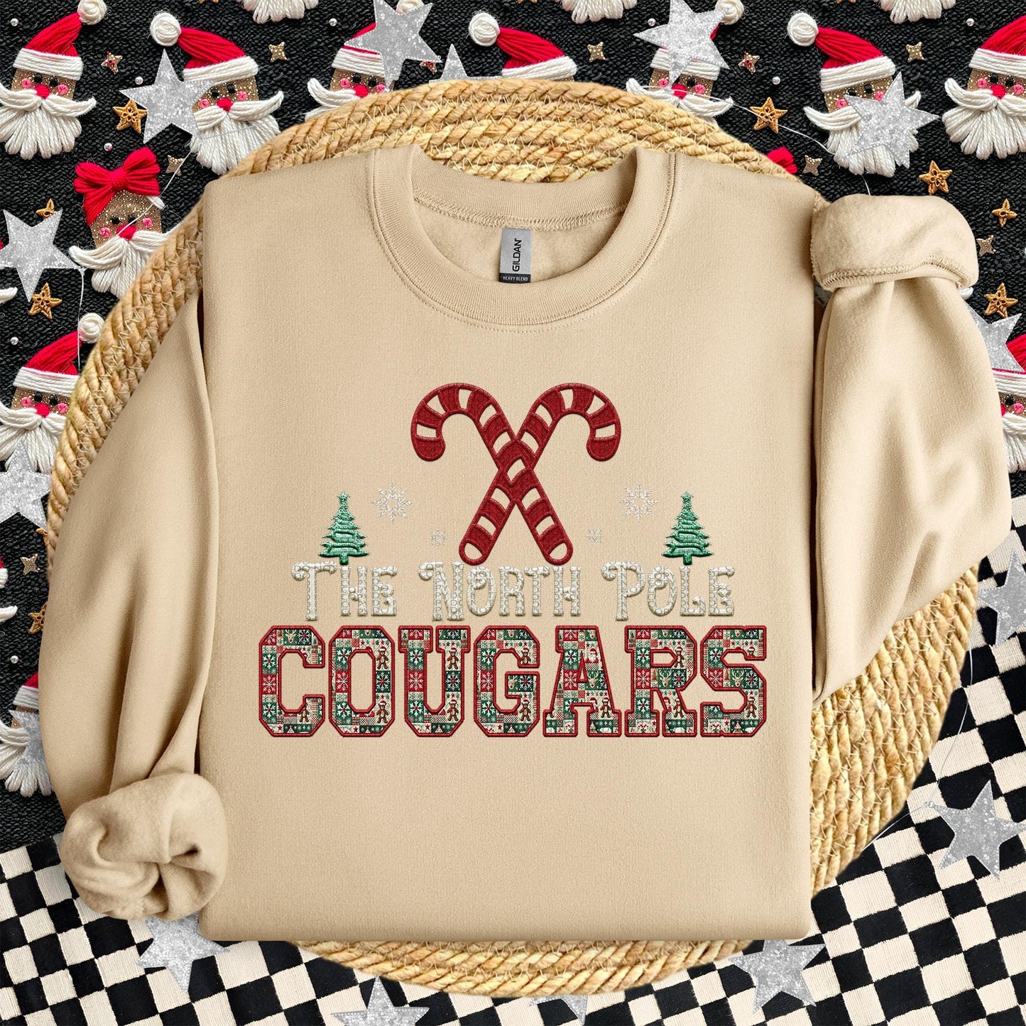 Cougars Christmas themed Mascot PNG Christmas School Spirit, Holiday Mascot, Game day Christmas Festive Faux Embroidery Digital Download