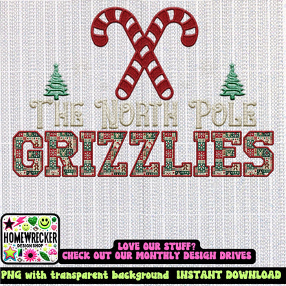 Grizzlies Christmas themed Mascot PNG Christmas School Spirit, Holiday Mascot, Game day Christmas Festive Faux Embroidery Digital Download