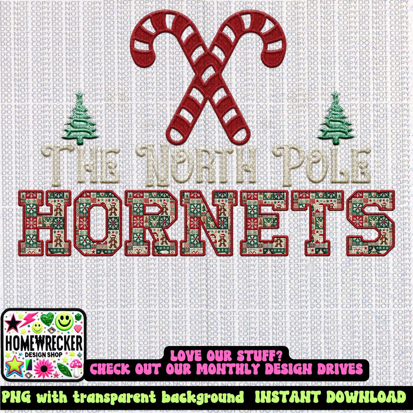 Hornets Christmas themed Mascot PNG Christmas School Spirit, Holiday Mascot, Game day Christmas Festive Faux Embroidery Digital Download