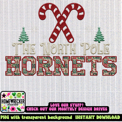 Hornets Christmas themed Mascot PNG Christmas School Spirit, Holiday Mascot, Game day Christmas Festive Faux Embroidery Digital Download