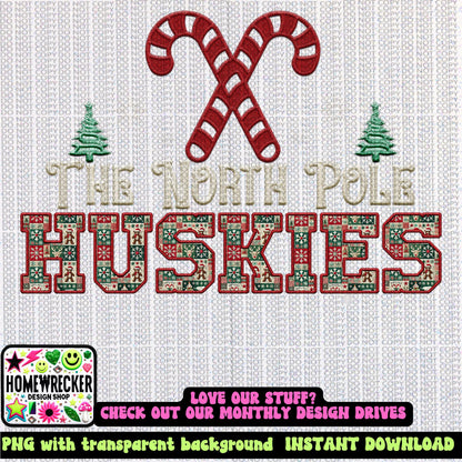 Huskies Christmas themed Mascot PNG Christmas School Spirit, Holiday Mascot, Game day Christmas Festive Faux Embroidery Digital Download