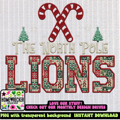 Lions Christmas themed Mascot PNG Christmas School Spirit, Holiday Mascot, Game day Christmas Festive Faux Embroidery Digital Download