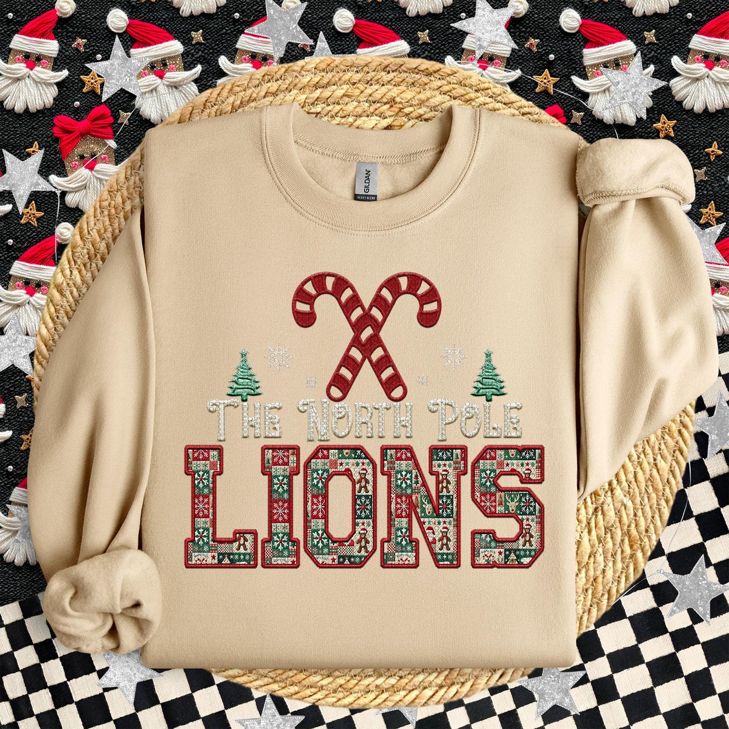 Lions Christmas themed Mascot PNG Christmas School Spirit, Holiday Mascot, Game day Christmas Festive Faux Embroidery Digital Download