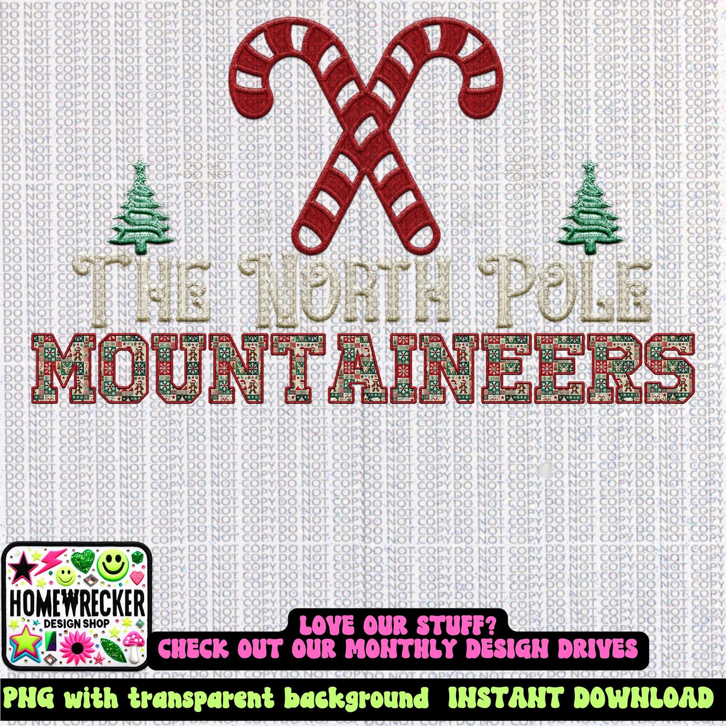 Mountaineers Christmas themed Mascot PNG Christmas School Spirit,Holiday Mascot, Game day Christmas Festive Faux Embroidery Digital Download