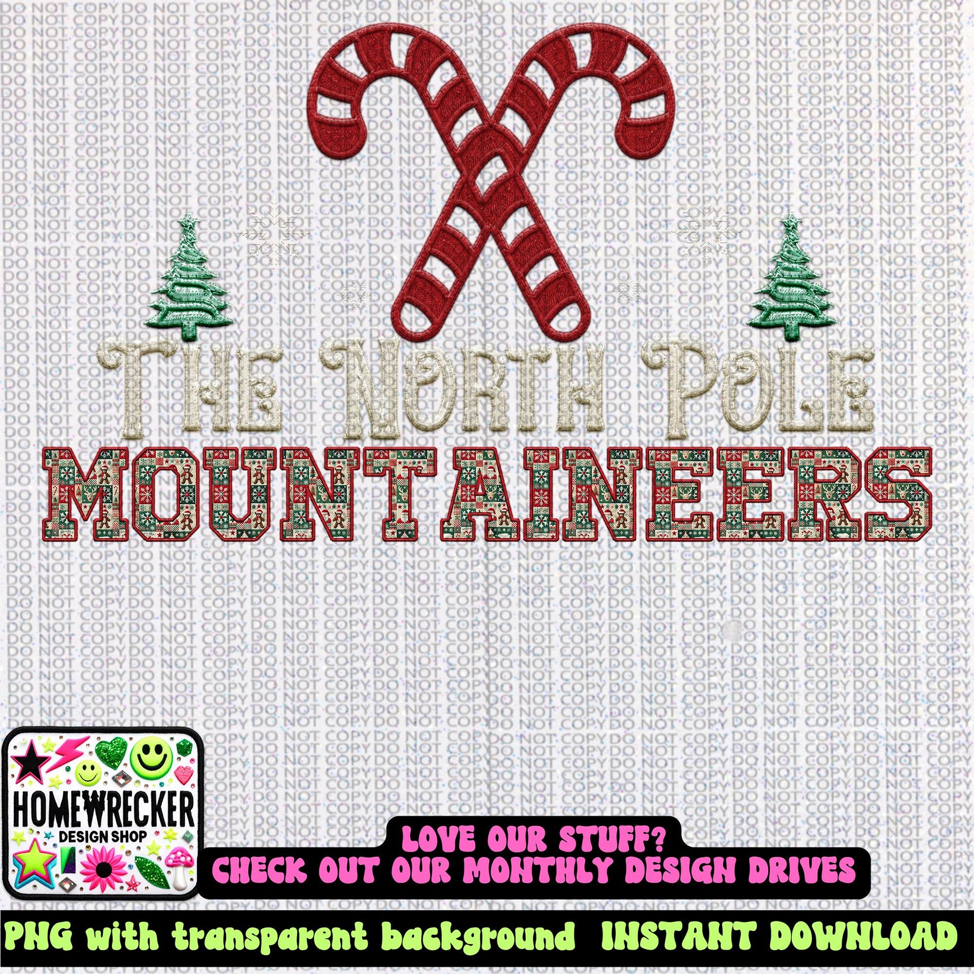Mountaineers Christmas themed Mascot PNG Christmas School Spirit,Holiday Mascot, Game day Christmas Festive Faux Embroidery Digital Download