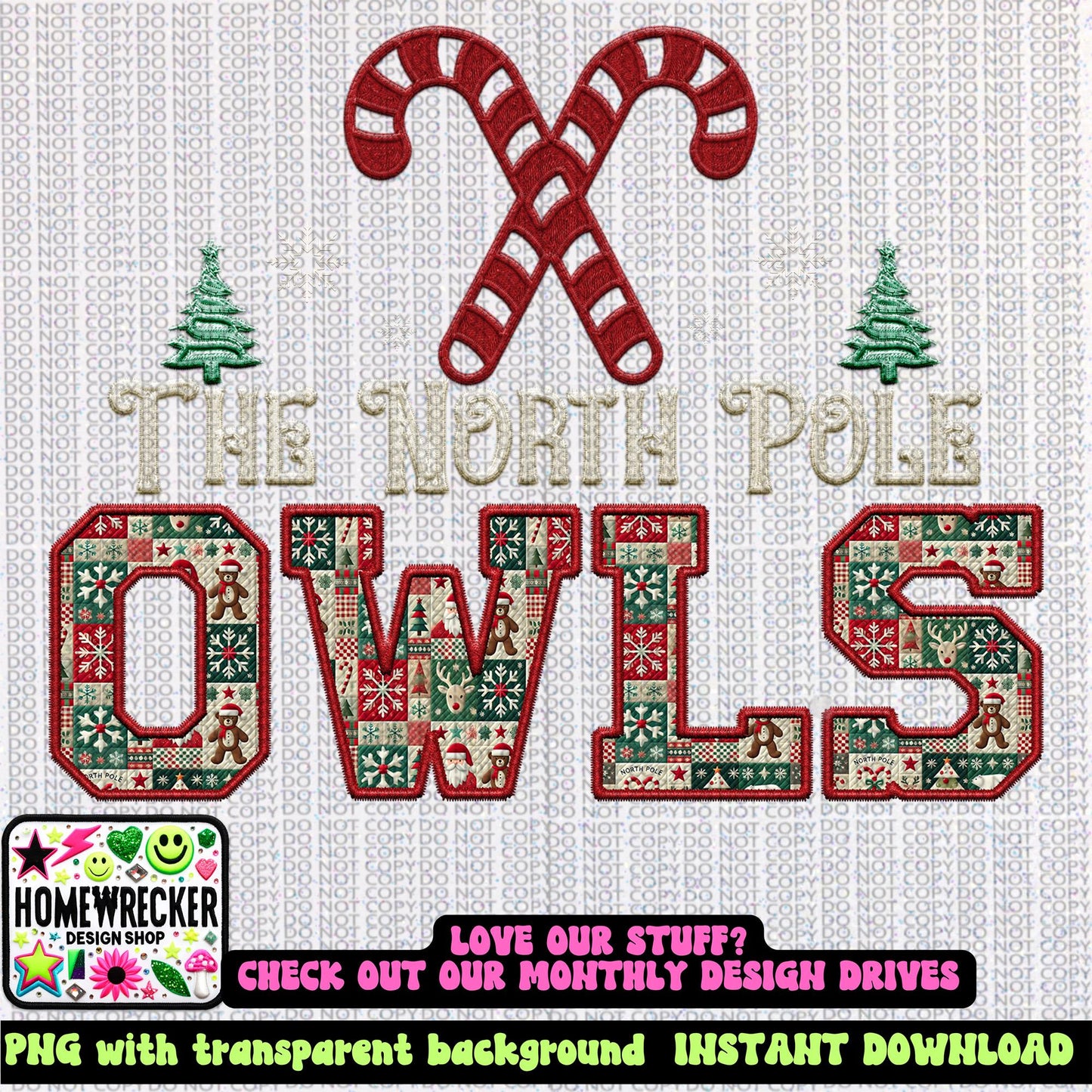 Owls Christmas themed Mascot PNG Christmas School Spirit, Holiday Mascot, Game day Christmas Festive Faux Embroidery Digital Download