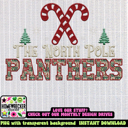 Panthers Christmas themed Mascot PNG Christmas School Spirit,Holiday Mascot, Game day Christmas Festive Faux Embroidery Digital Download