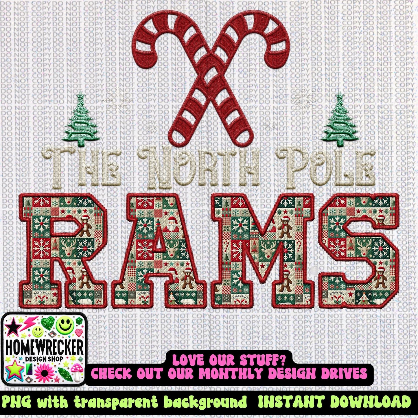 Rams Christmas themed Mascot PNG Christmas School Spirit,Holiday Mascot, Game day Christmas Festive Faux Embroidery Digital Download