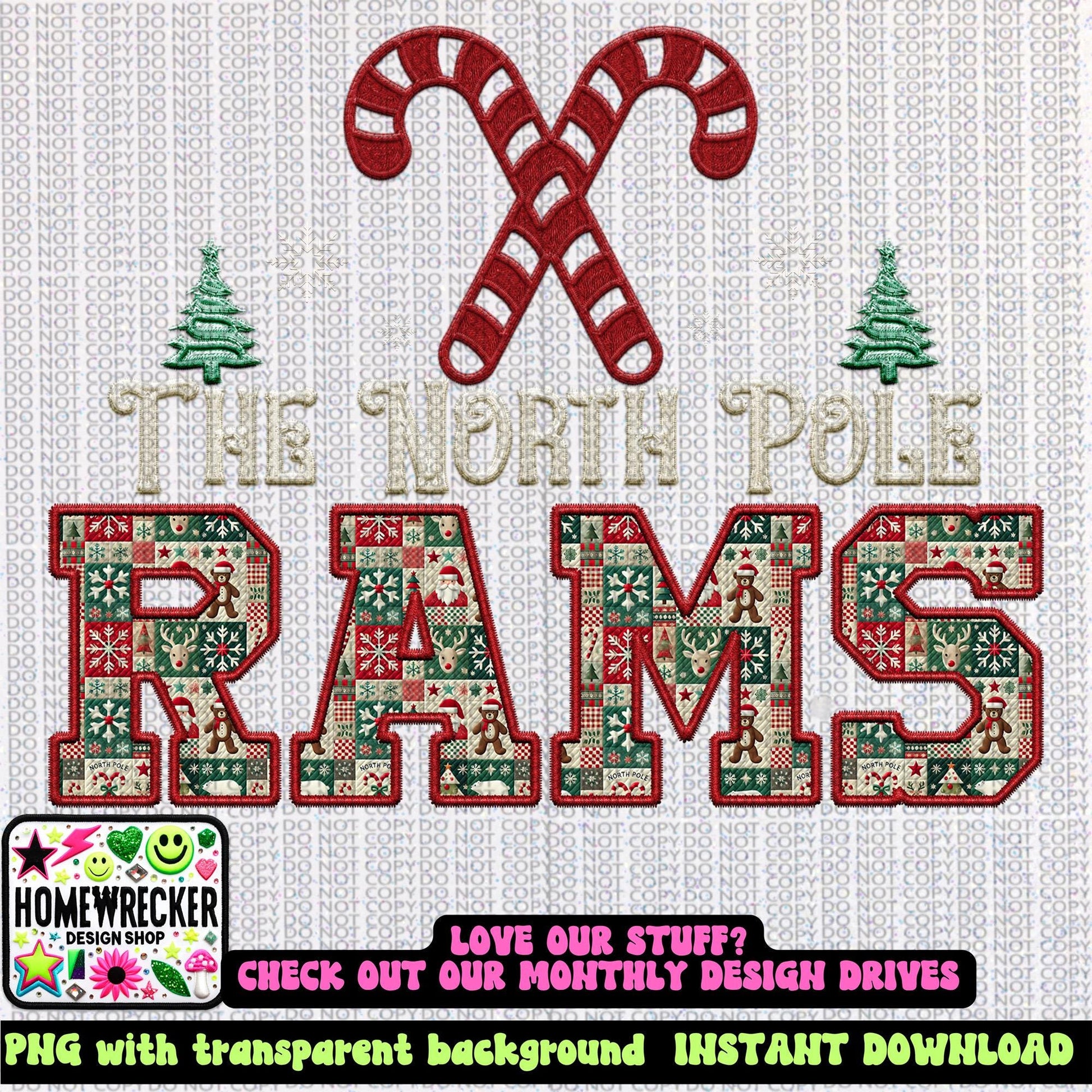 Rams Christmas themed Mascot PNG Christmas School Spirit,Holiday Mascot, Game day Christmas Festive Faux Embroidery Digital Download
