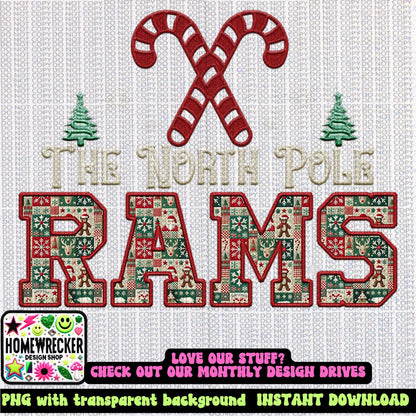 Rams Christmas themed Mascot PNG Christmas School Spirit,Holiday Mascot, Game day Christmas Festive Faux Embroidery Digital Download